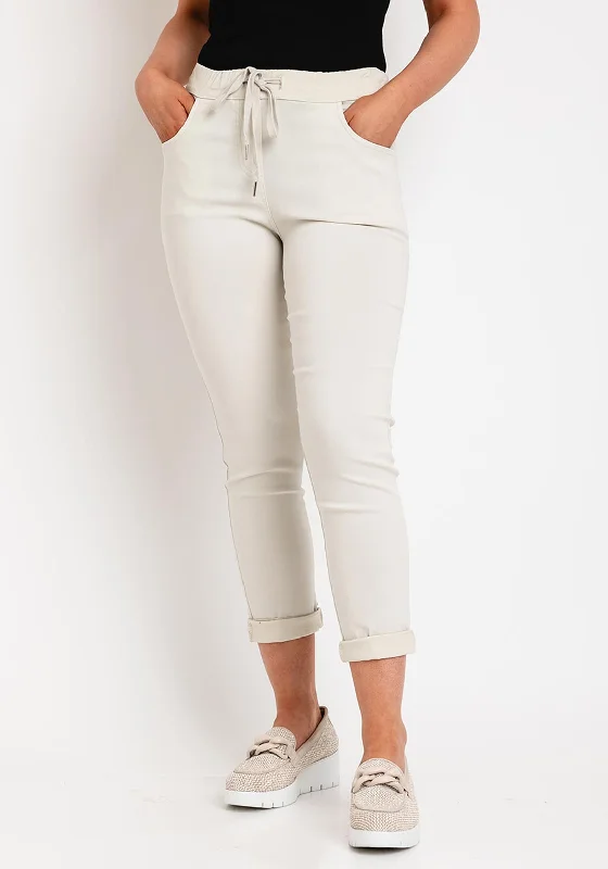 Leather look wide leg denim pants for women in a bold and stylish lookD.e.c.k by Decollage Drawstring Waist Slim Leg Trouser, Beige Leather look wide leg denim pants for women in a bold and stylish lookD.e.c.k by Decollage Drawstring Waist Slim Leg Trouser, Beige