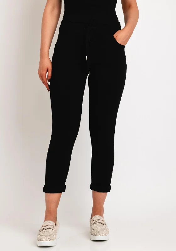 Solid color wide leg denim pants for women in a minimalist and trendy styleD.e.c.k by Decollage Drawstring Waist Slim Leg Trouser, Black Solid color wide leg denim pants for women in a minimalist and trendy styleD.e.c.k by Decollage Drawstring Waist Slim Leg Trouser, Black