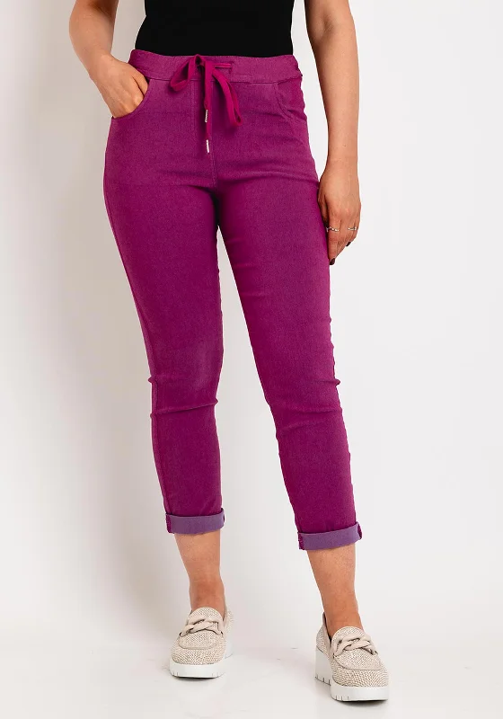 Velvet wide leg jeans for women in a luxurious and trendy styleD.E.C.K by Decollage Drawstring Waist Slim Leg Trouser, Magenta Velvet wide leg jeans for women in a luxurious and trendy styleD.E.C.K by Decollage Drawstring Waist Slim Leg Trouser, Magenta