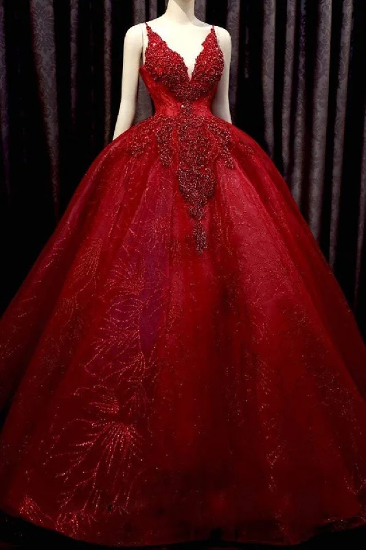 Custom - made plus size wedding dressDeep red sparkle beaded thin strap V neck ball gown wedding dress with bow back, sweep train & glitter tulle Prom Dress cg23574 Custom - made plus size wedding dressDeep red sparkle beaded thin strap V neck ball gown wedding dress with bow back, sweep train & glitter tulle Prom Dress cg23574