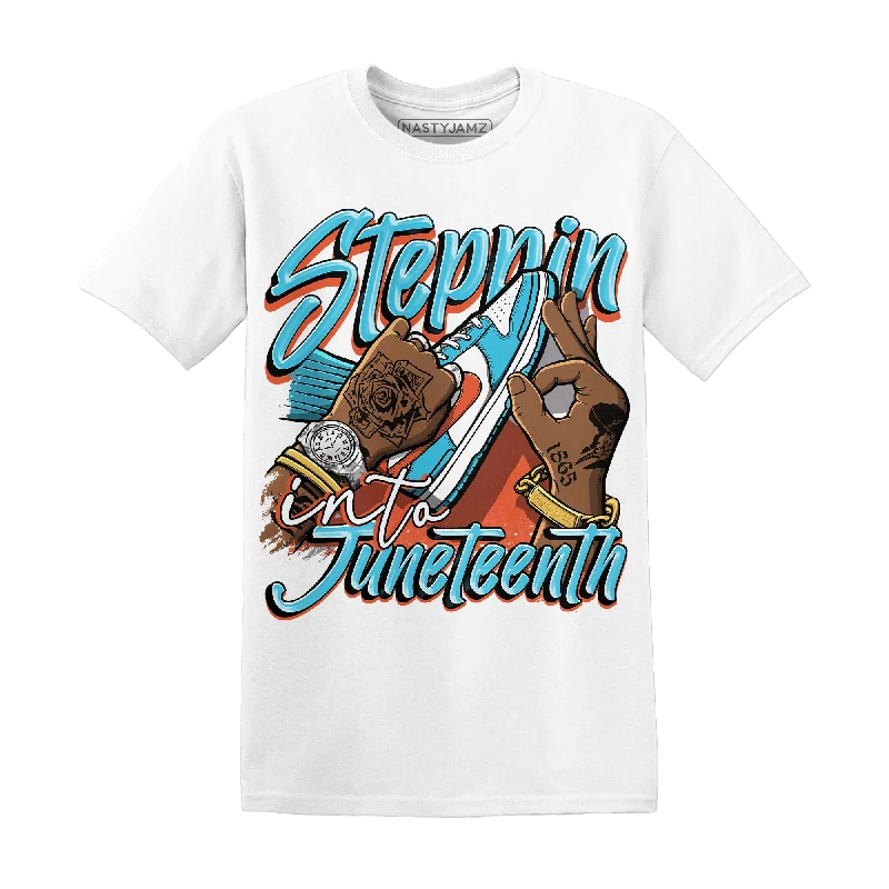 Women's T - shirt with a patchwork designNastyJamz Dunk Low Dolphins T Shirt Match Step Into Juneteenth