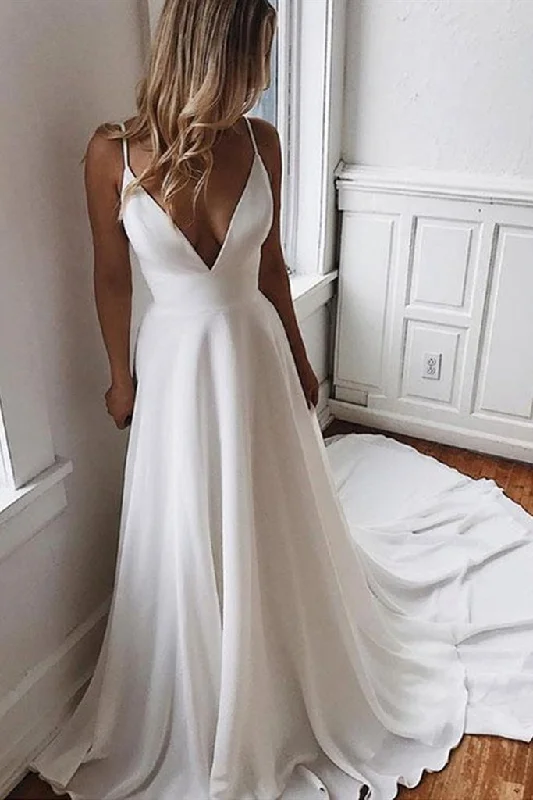 Padded - bust wedding dress for added supportElegant V Neck White Satin Long Wedding Dress with Lace Back, V Neck White Prom Formal Evening Dress   cg12252