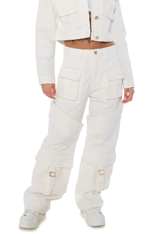 Sheer panel pants for women with a sexy touchELEVATED WHITE WASH DENIM UTILITY JOGGER Sheer panel pants for women with a sexy touchELEVATED WHITE WASH DENIM UTILITY JOGGER