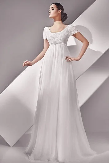 Scuba - fabric wedding dress for a modern fitEmpire Short Sleeve Long Scoop Neckline Button Back Dress With Crystal Detailing