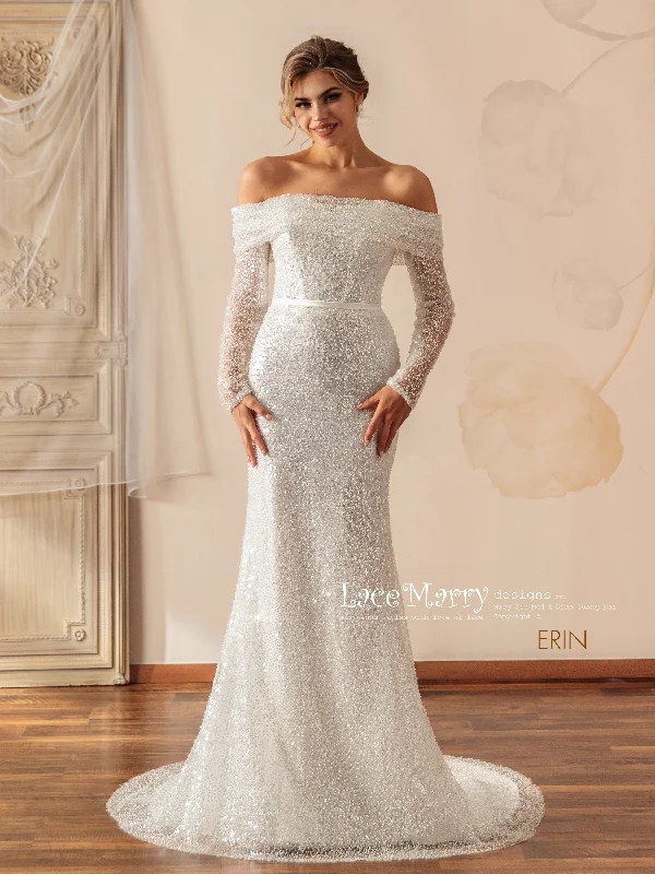 Button - down front wedding dress for a classic touchERIN / Sparkling Wedding Dress with Off the Shoulder Long Sleeves