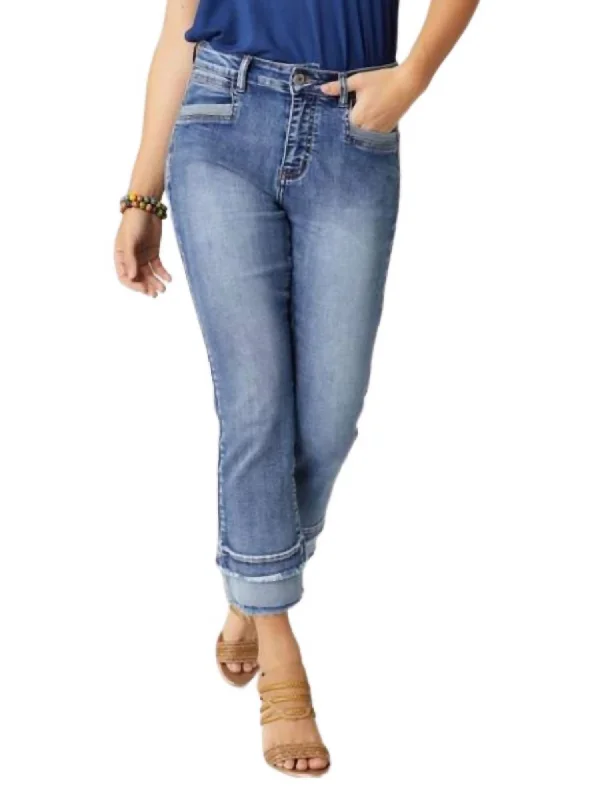 Trousers with decorative buttons for women in a stylish detailEverstretch Boyfriend Capri Pant In Medium Denim