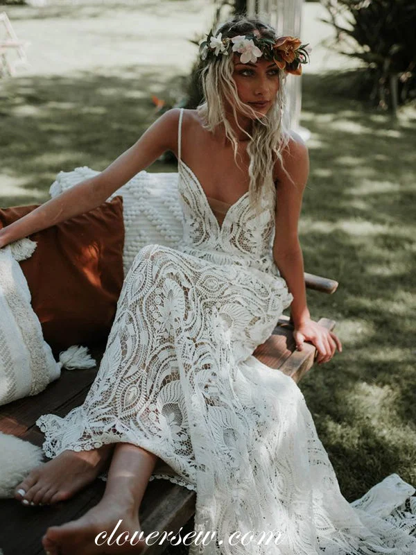 Floral - appliqued wedding dress for a feminine lookFashion Lace Spaghetti Strap Sheath With Sweep Train Charming Wedding Dresses, CW0286