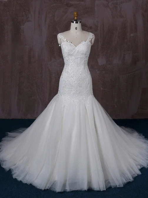Imported high - quality wedding dressFit and Flare Lace Wedding Dress with Lace Illusion Back | QT85345