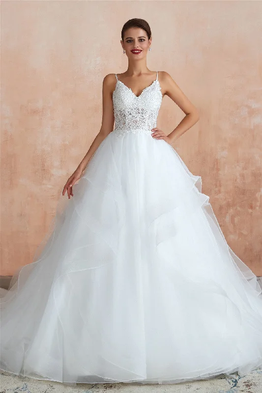 Graceful long - train wedding dressLong Lace-Up Back A-line Straps White Wedding Dress with Lace