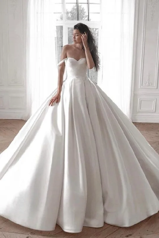 Jeweled - bodice wedding dress for a sparkly lookFull A-line Satin Bridal Dress with Off-the-shoulder Neckline