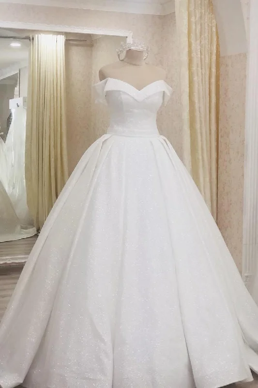 Quirky - designed wedding dress for an individual brideLong Glitter A-line Off Shoulder White Wedding Dress
