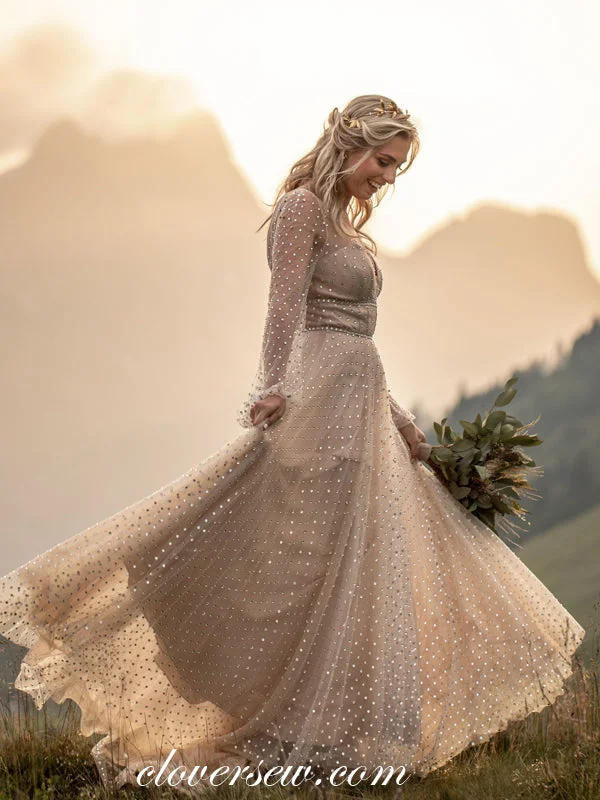 Jeweled - bodice wedding dress for a sparkly lookGold Tones Long Sleeves V-back A-line Charming Occasion Dresses, CW0282