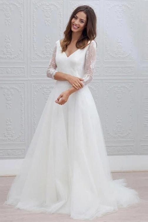 Chiffon - draped empire waist wedding dressPrincess Long Sleeves A-line V-Neck White Wedding Dress with Lace