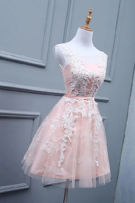 Applique - adorned mermaid wedding dressGreat Wedding Dress Lace Ivory Lace Appliques Blush Pink Short Homecoming Dresses  cg5284
