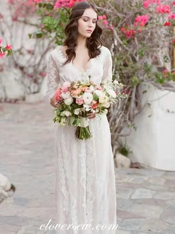 Long - sleeved Victorian - style wedding dressHalf Sleeves Lace Charming V-neck Column Boho Wedding Dresses, CW0277 Long - sleeved Victorian - style wedding dressHalf Sleeves Lace Charming V-neck Column Boho Wedding Dresses, CW0277