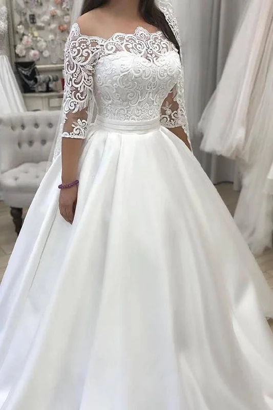 Backless sweetheart neckline wedding dressLong Off Shoulder Half Sleeves A-line White Bridal Gown