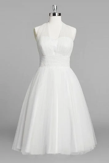 Illusion - sleeved wedding dress for a delicate lookHalter A-Line Short Tulle Wedding Dress With Ruching