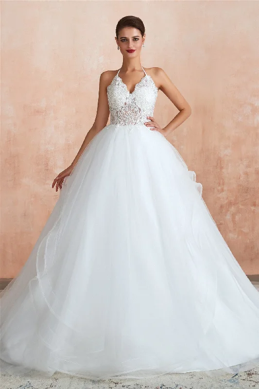 High - low hem wedding dress for a trendy touchLong Halter A-line Ball Gown White Wedding Dress with Lace