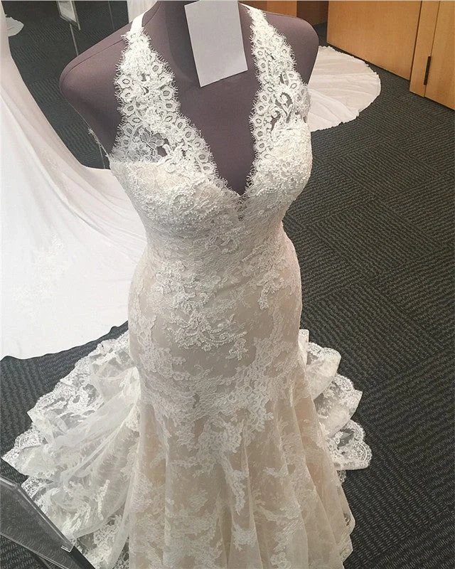Padded - bust wedding dress for added supportHalter Neck Open Back Lace Mermaid Court Train Wedding Dresses Padded - bust wedding dress for added supportHalter Neck Open Back Lace Mermaid Court Train Wedding Dresses