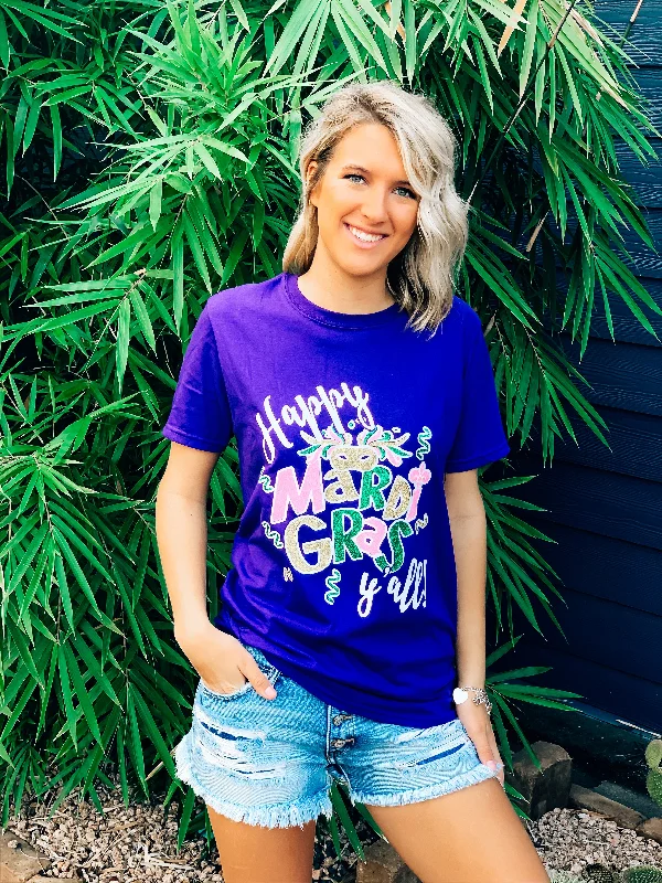 Open - front women's T - shirt with a beltHappy Mardi Gras tee