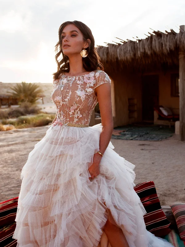 Jeweled - bodice wedding dress for a sparkly lookHigh Neck 3D Flower Wedding Gown with Ruffle Skirt