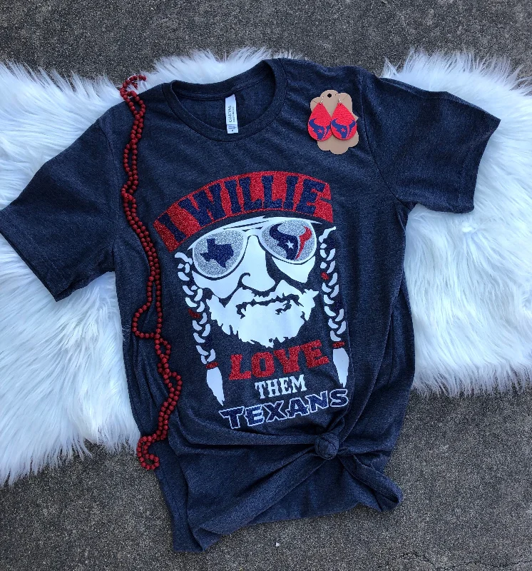 Mock neck women's T - shirt for a modern twistI Willie Love Them Texans Tee