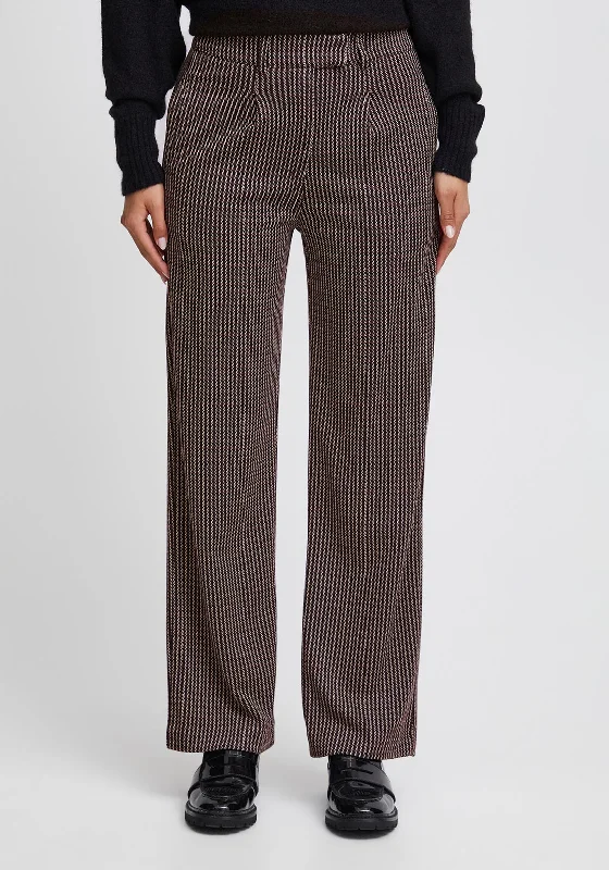 Button - fly pants for women in denimICHI Houndstooth Straight Trousers, Black & Burgundy