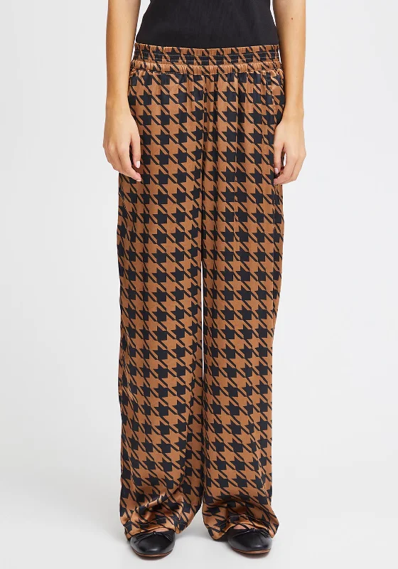 Tartan pants for women in a Scottish patternIchi Leonie Houndstooth Satin Feel Wide Leg Trouser, Brown