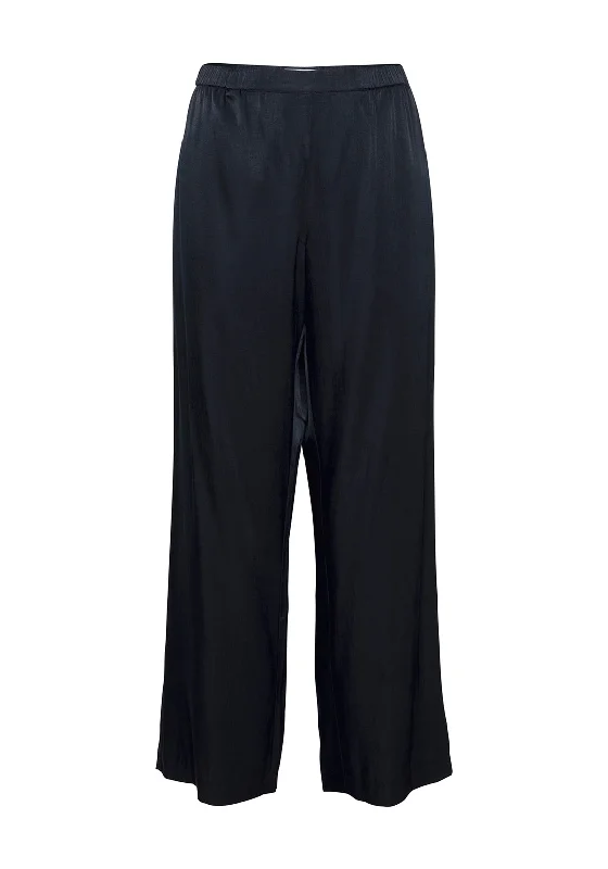 Linen blend palazzo pants for women in a breezy styleIchi Satin Wide Leg Trousers, Total Eclipse