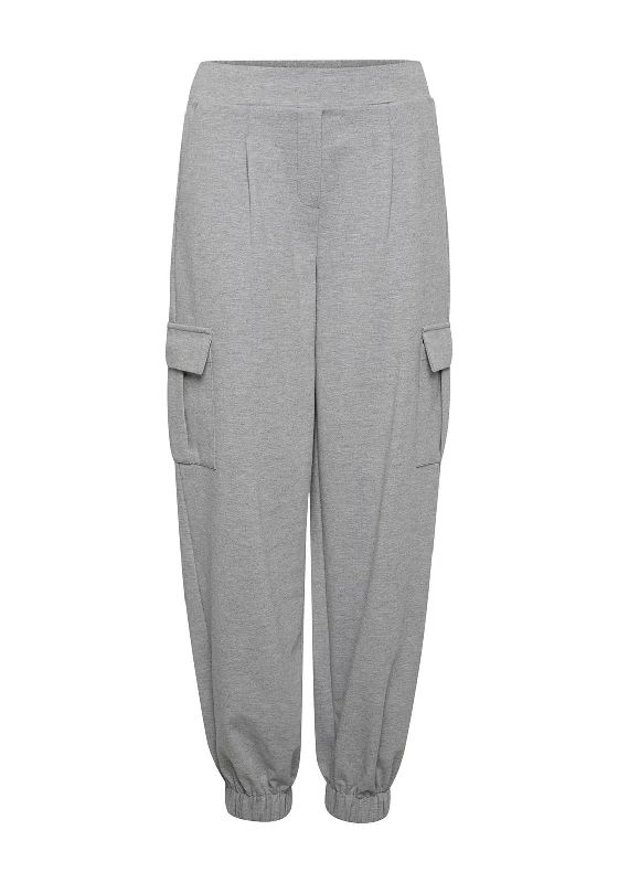 Culottes with ruffled hem for women in a feminine styleIchi Simonse Cargo Style Joggers, Grey Melange Culottes with ruffled hem for women in a feminine styleIchi Simonse Cargo Style Joggers, Grey Melange