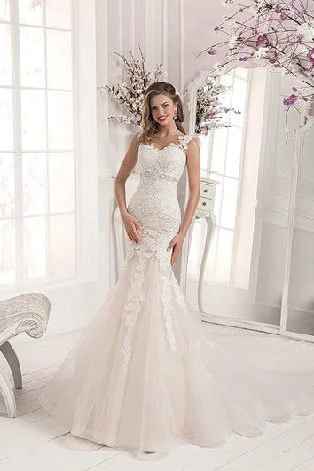 Ruffled - skirt wedding dress for a romantic lookIllusion Back Strap Lace&Tulle Mermaid Dress with Crystal Detailing