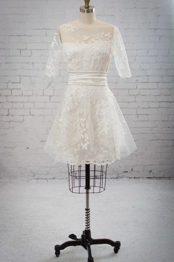 Crochet - detail bohemian wedding dressIllusion Half-Sleeved Tulle Mini Dress With Appliques And Bandage