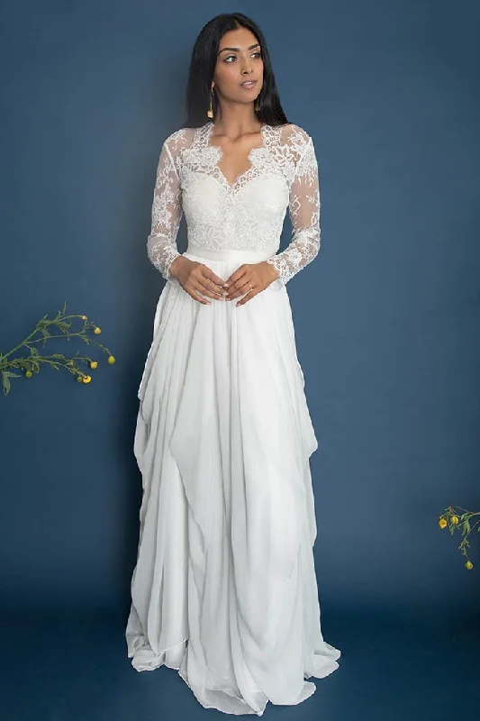 Short - and - sweet tea - length wedding dressIllusion Lace Long Sleeves Wedding Dress Chiffon Skirt Short - and - sweet tea - length wedding dressIllusion Lace Long Sleeves Wedding Dress Chiffon Skirt
