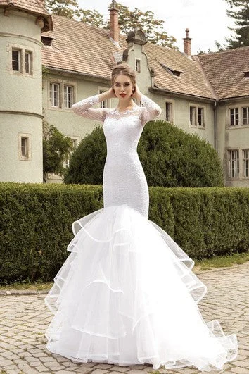 Pearl - studded wedding dress for a refined lookIllusion Long Sleeve Appliques Mermaid Dress