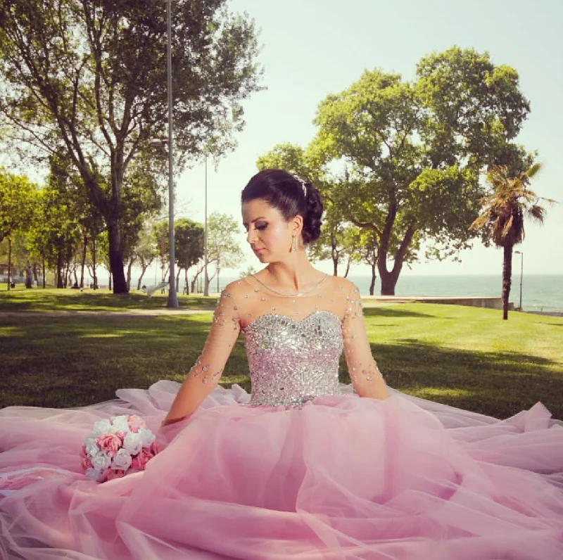Bridal couture wedding dress by famous designerIllusion Long Sleeves Pink Tulle Wedding Dresses Crystal Beaded Bridal couture wedding dress by famous designerIllusion Long Sleeves Pink Tulle Wedding Dresses Crystal Beaded