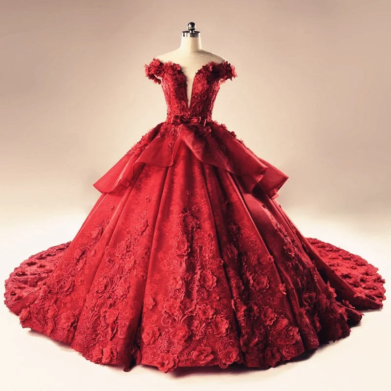 Padded - bust wedding dress for added supportIllusion Neckline Cap Sleeves Floral Lace Ball Gowns Wedding Dresses