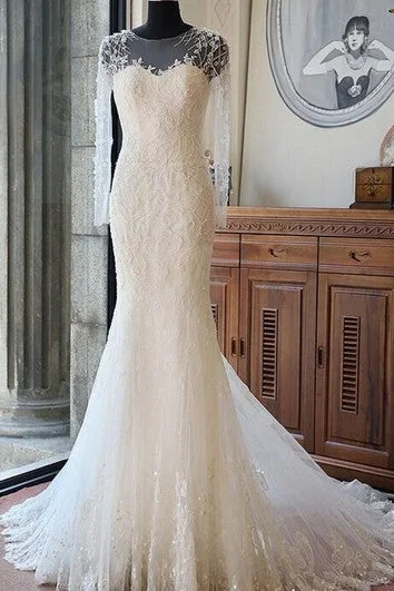 Pearl - studded wedding dress for a refined lookIllusion Scoop-neck Long Sleeve Mermaid Wedding Dress With Beading And Chapel Train