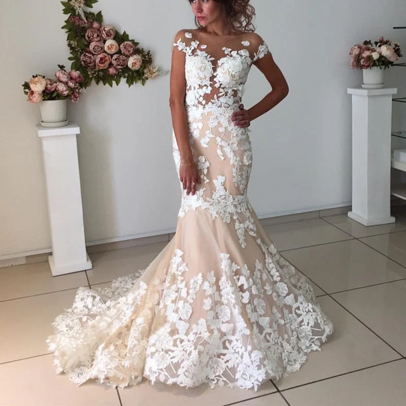 Empire - waisted tea - length wedding dressIvory Lace Appliques Champagne Mermaid Wedding Dresses Open Back Empire - waisted tea - length wedding dressIvory Lace Appliques Champagne Mermaid Wedding Dresses Open Back