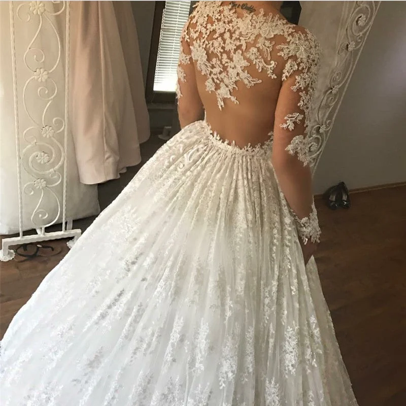 Overskirt - detachable wedding dressIvory Lace Appliques Long Sleeves Ball Gowns Wedding Dresses