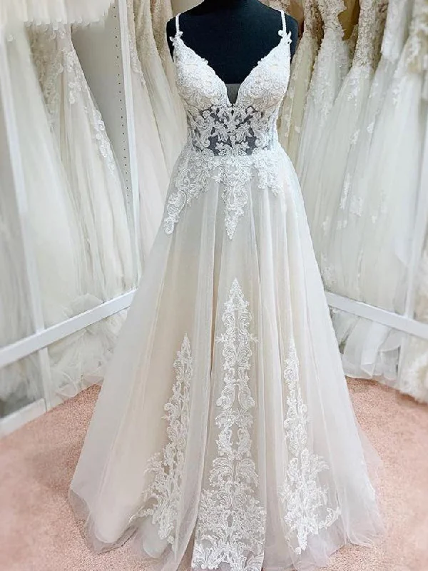 Short - and - sweet tea - length wedding dressIvory Lace Tulle V-Neck Backless Floor-Length Spaghetti Straps A-Line Wedding Dresses prom dress    cg22090