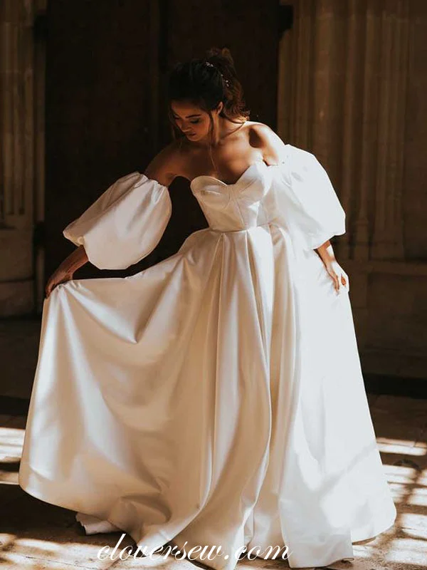 Affordable minimalist wedding dress for budget bridesIvory Satin Convertible Lantern Sleeves A-line Wedding Dresses, CW0287 Affordable minimalist wedding dress for budget bridesIvory Satin Convertible Lantern Sleeves A-line Wedding Dresses, CW0287