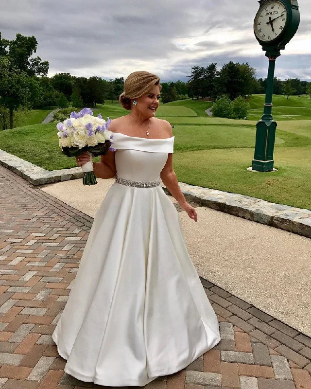 Dark - colored wedding dress for a mysterious brideIvory Satin Off Shoulder Wedding Dresses A Line Beaded Sashes Dark - colored wedding dress for a mysterious brideIvory Satin Off Shoulder Wedding Dresses A Line Beaded Sashes