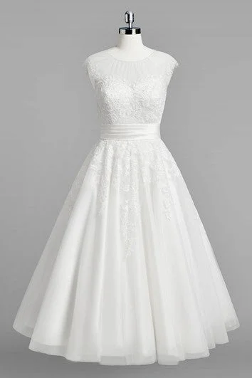 Ruffled - skirt wedding dress for a romantic lookJewel Neck Cap Sleeve A-Line Lace Wedding Dress With Ruched Belt