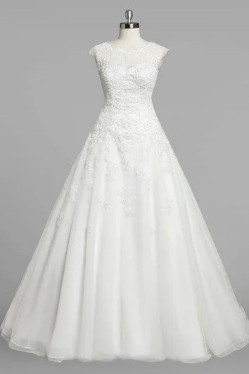 Imported high - quality wedding dressJewel Neck Cap Sleeve A-Line Organza Wedding Dress With Lace Bodice