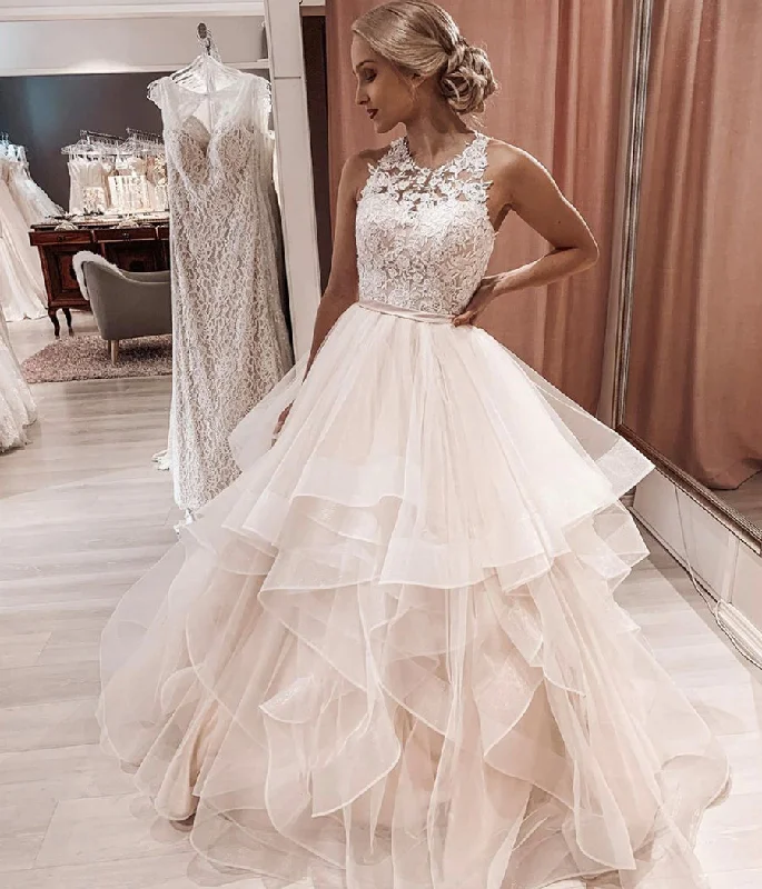 Plunging - neckline wedding dress for a bold lookJewel Neck Lace Tulle Modern Wedding Dresses Ball Gown with Sash Bodice Prom Dress    cg22092