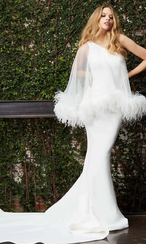 Cut - out detail modern wedding dressJovani Bridal - JB07360 Feather Fringed One Shoulder Bridal Gown Cut - out detail modern wedding dressJovani Bridal - JB07360 Feather Fringed One Shoulder Bridal Gown