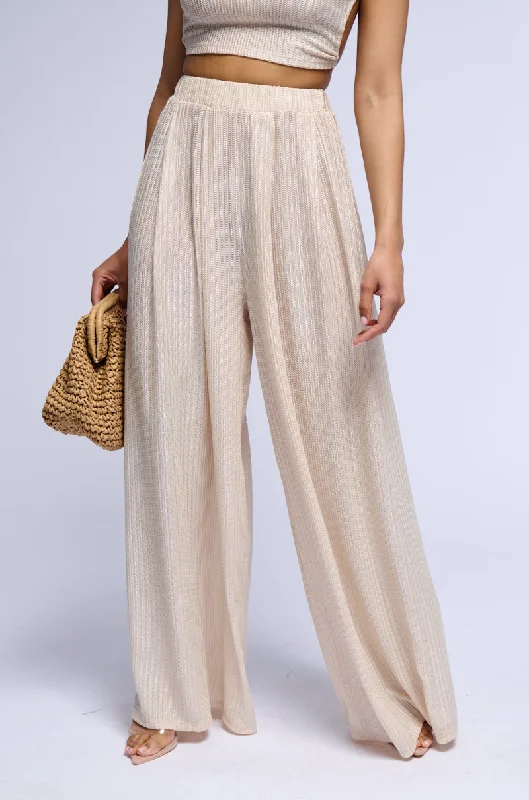 Leather look wide leg denim pants for women in a bold and stylish lookJUST LIKE MAGIC METALLIC KNIT WIDE LEG PANT