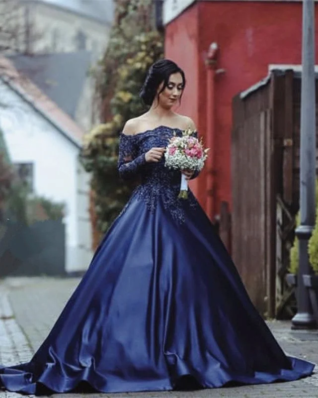 Peplum - style wedding dress for a flattering silhouetteLace Beaded Long Sleeves Ball Gowns Off Shoulder Wedding Dresses