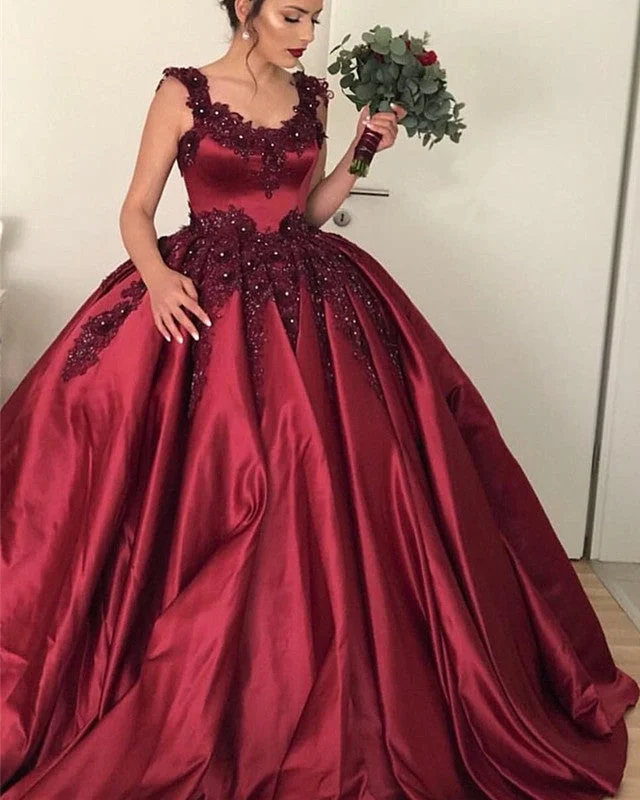 Dark - colored wedding dress for a mysterious brideLace Beaded Sweetheart Satin Ball Gown Maroon Wedding Dresses