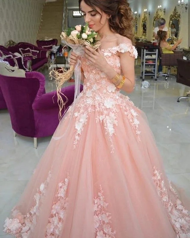 Illusion - sleeved wedding dress for a delicate lookLace Embroidery  Off Shoulder Tulle Quinceanera Dresses For Sweet 16